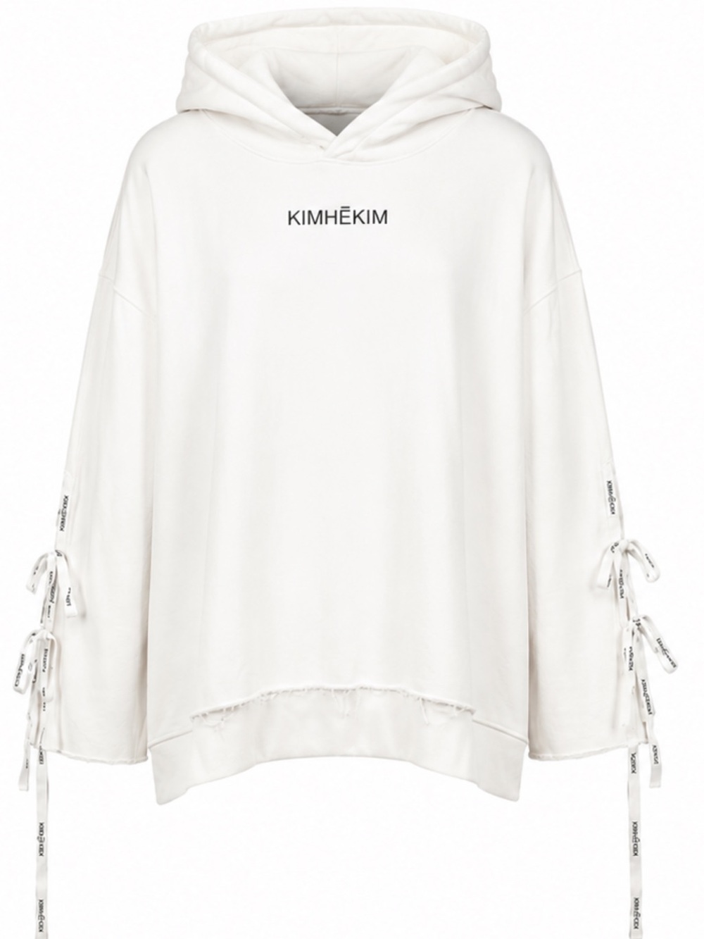 KIMHĒKIM White Oversized Hoodie Ribbon Tie Distressed Hem Women's Medium Sweater
